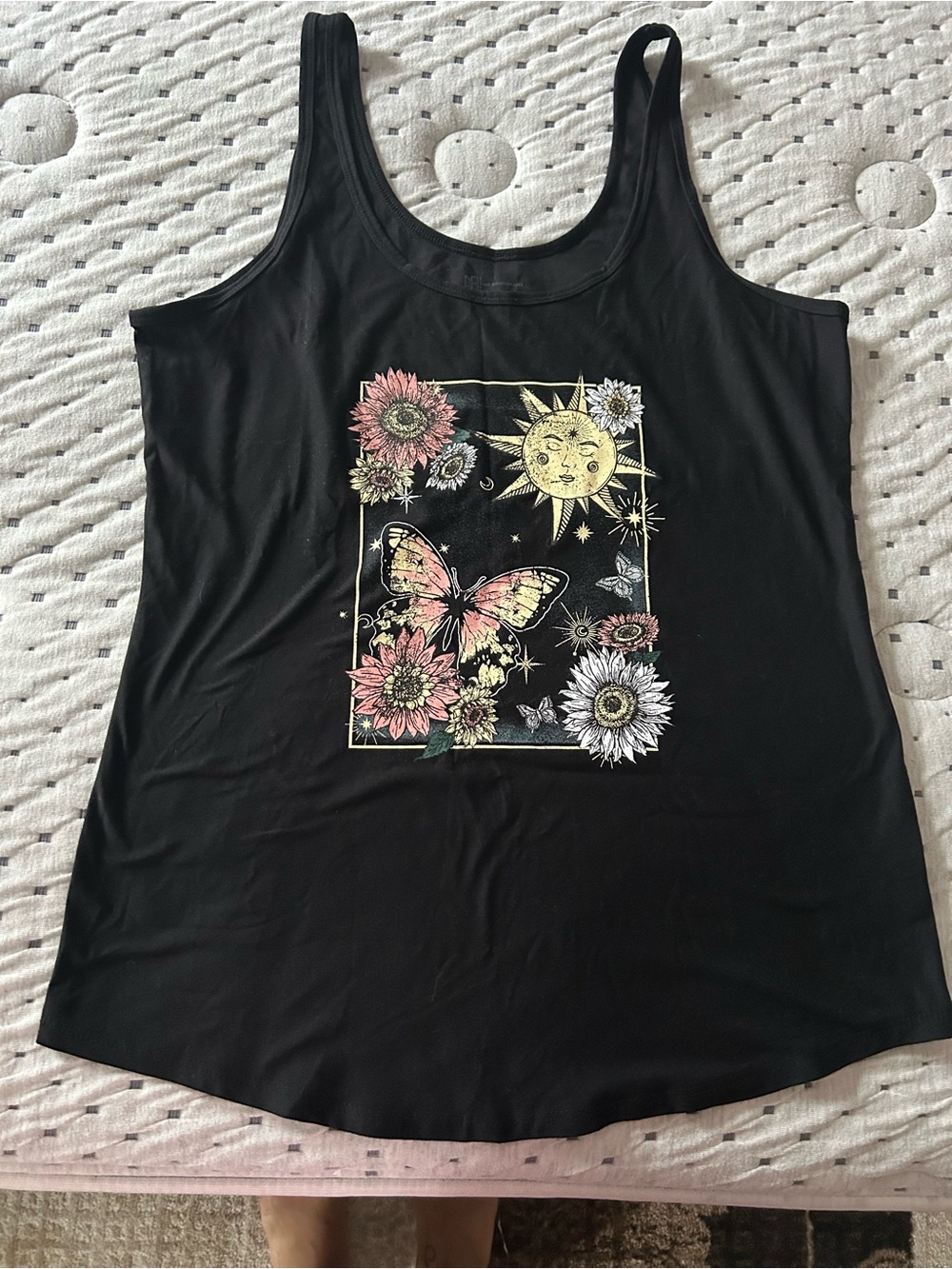 No Boundaries Black Tank with Sun, Butterfly & Floral Graphic